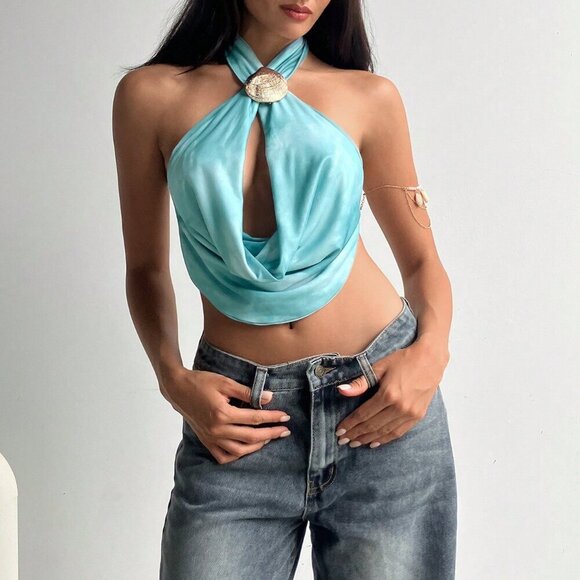 Multicolor Casual Women's Sexy Criss-Cross Wrap Draped Neck Hollow Out Cami Top - Picture 6 of 7